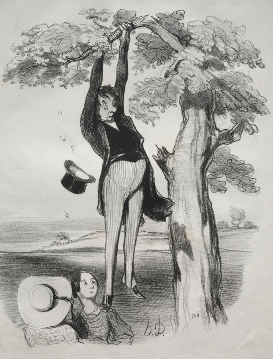 Pastorales, Plate 2: The Hazards of Shaking a Plum Tree Too Vigorously by Honoré Daumier