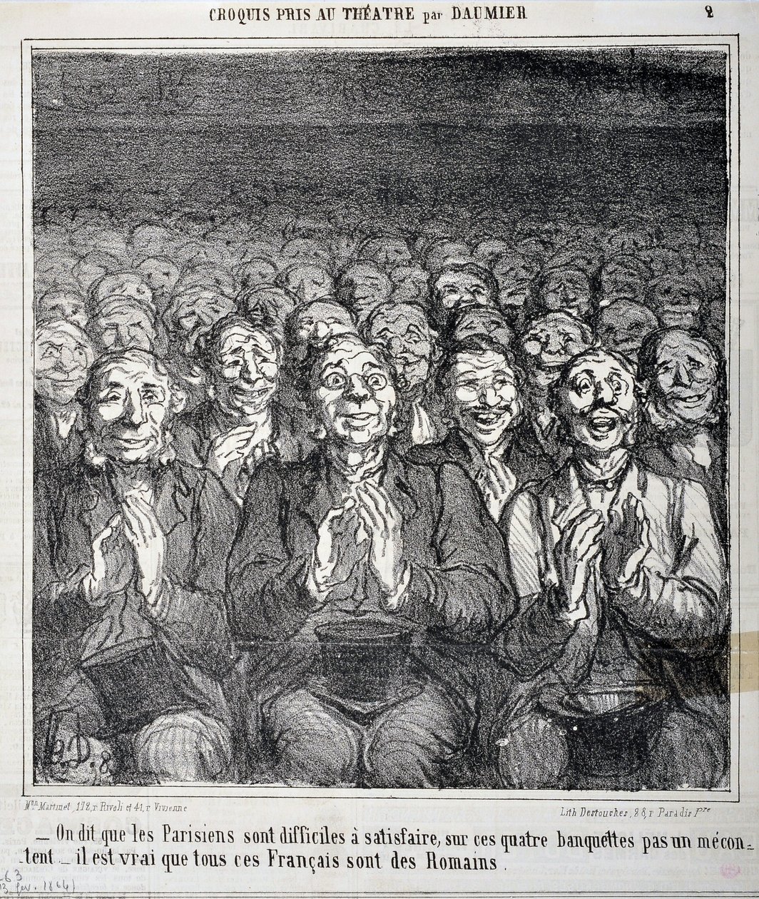 Sketch taken at the theatre: “It is said that Parisians are difficult to satisfy on these four benches not a discontent, it is true that all these Frenchmen are Romans” Engraving by Honore Daumier. Extract from the newspaper “Le Charivari” by Honoré Daumier