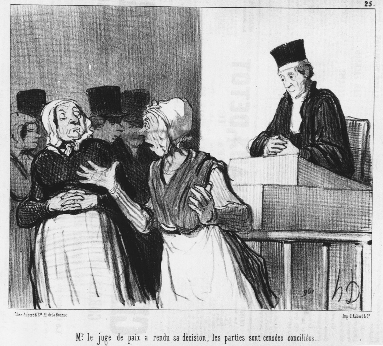 The justice of the peace has rendered his decision, the parties are supposed to be reconciled... by Honoré Daumier