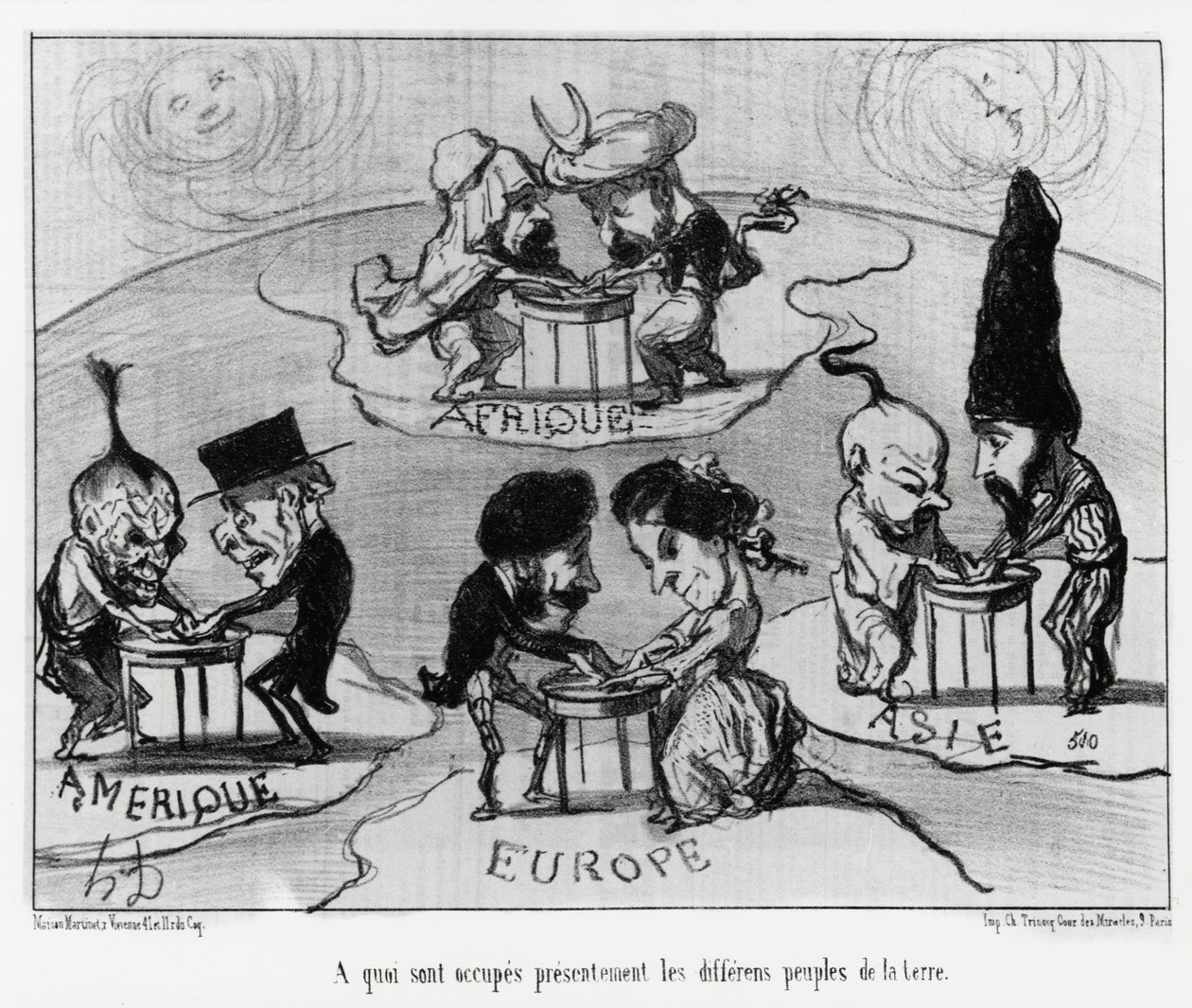 Turning tables (fluidomania): what are currently occupied by the different peoples of the earth. Illustration by Honore Daumier, published in Charivari, dated June 22 by Honoré Daumier