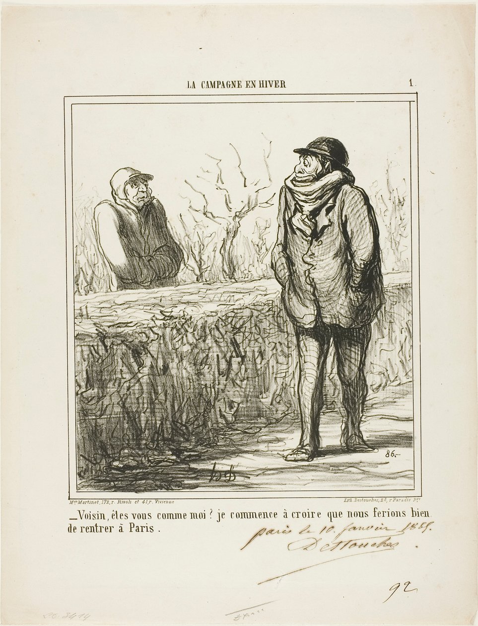 Hello, neighbour, are you like me? I start to believe we would do well returning to Paris, plate 1 from La Campagne En Hiver by Honoré Victorin Daumier