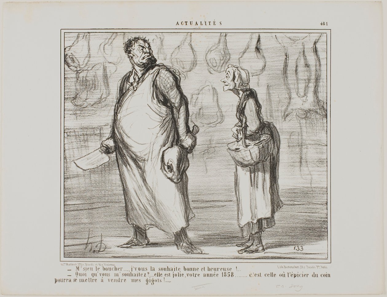 Mister butcher, I wish you a happy and healthy New Year... What? This is going to be a nice one, this 1858... every grocer around the corner will be able to sell my mutton!, plate 481 from Actualités by Honoré Victorin Daumier