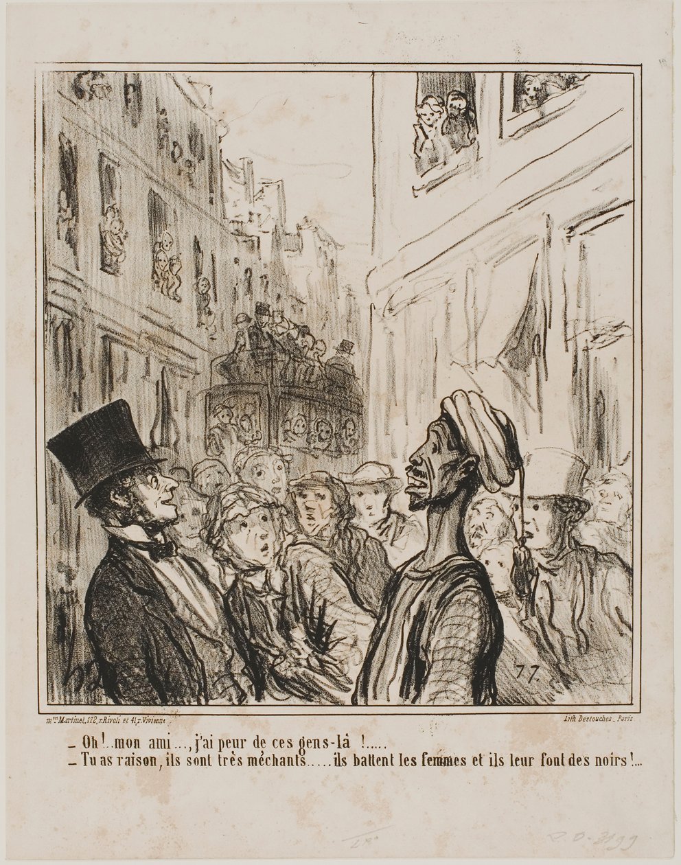 "- Oh, my friend... I am afraid of these people there." Plate 101 from Actualités by Honoré Victorin Daumier
