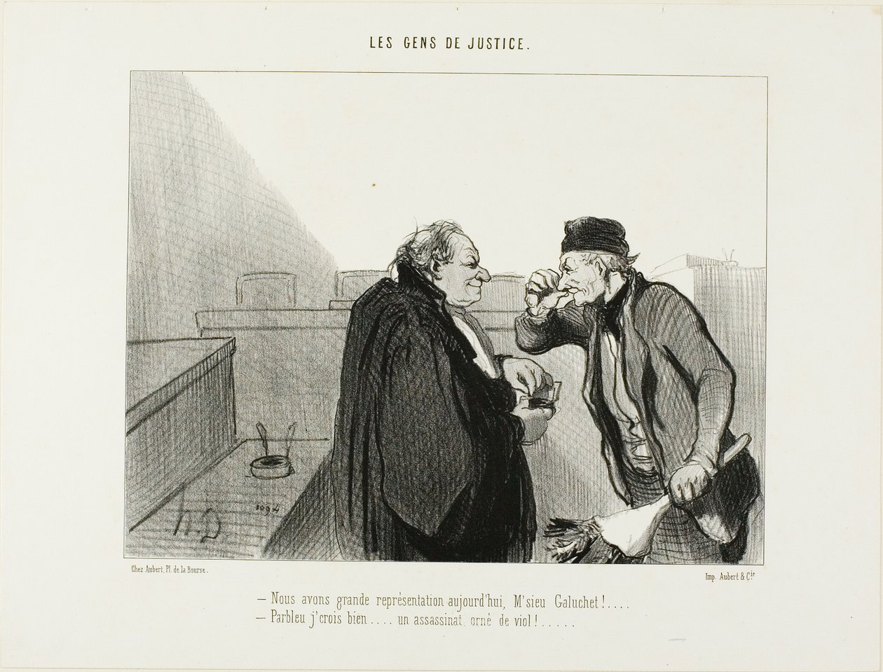 "- Should be a great performance today, Mr.Galuchet... - I should think so... A murder case with a rape thrown in...," plate 31 from Les Gens De Justice by Honoré Victorin Daumier