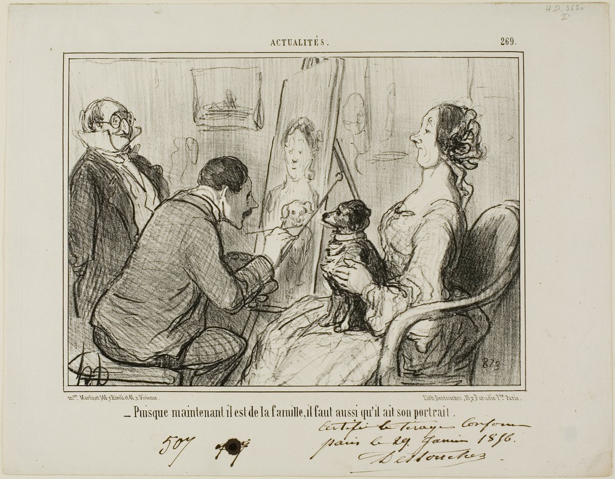 Since he is now part of the family, he must also have his portrait taken, plate 269 from Actualités by Honoré Victorin Daumier