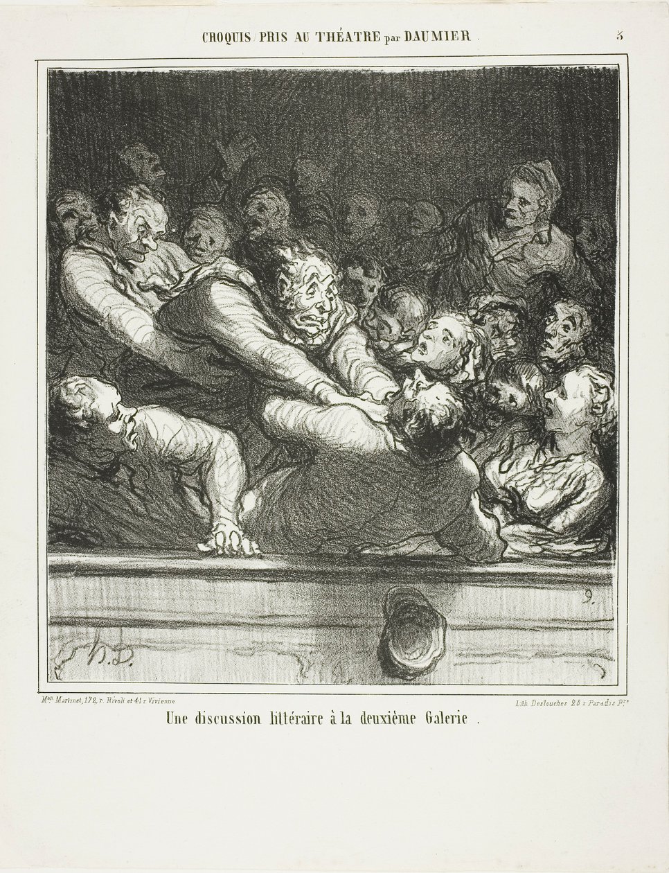 A literary argument on the second tier, plate 3 from Croquis Pris Au Theatre by Daumier by Honoré Victorin Daumier