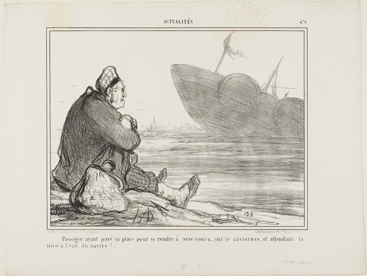 A Passenger Having Paid His Ticket to New York on the Leviathan, Waiting for the Ship Finally Being Put into the Water, Plate 479 from Actualités by Honoré Victorin Daumier