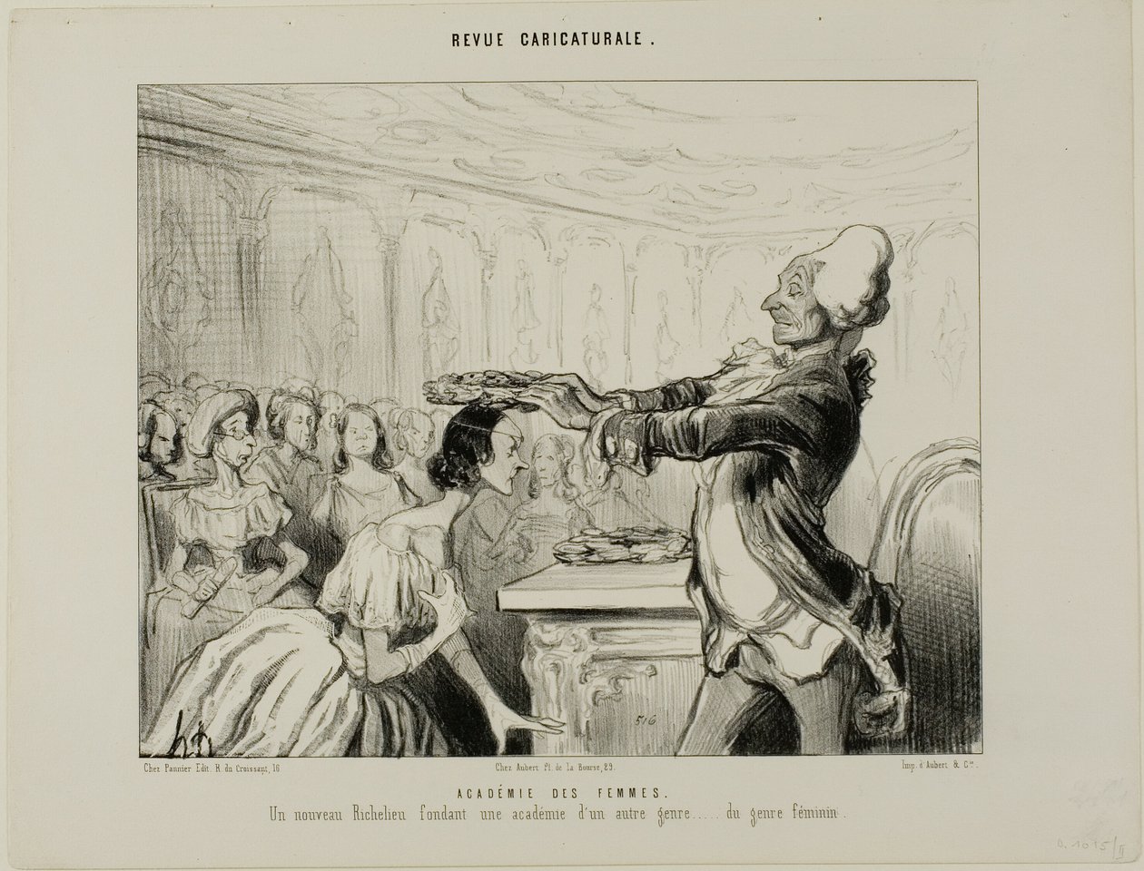 Academy of Women. A new Richelieu, founding a new Academy of a different kind.... of the feminine gender, plate 33 from Revue Caricatureale by Honoré Victorin Daumier