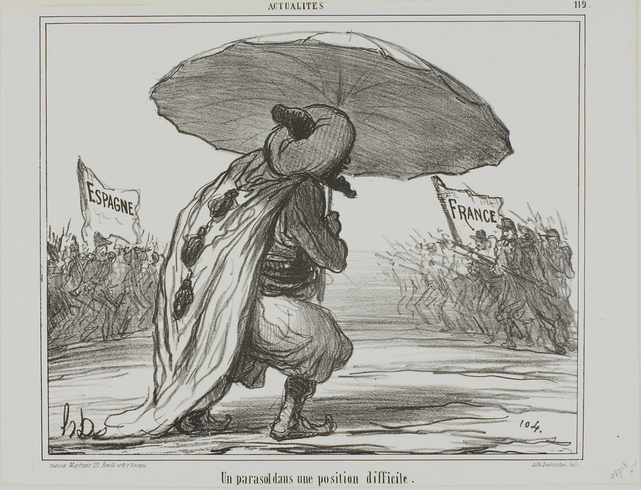 An Umbrella in a Difficult Position, plate 119 from Actualités by Honoré Victorin Daumier