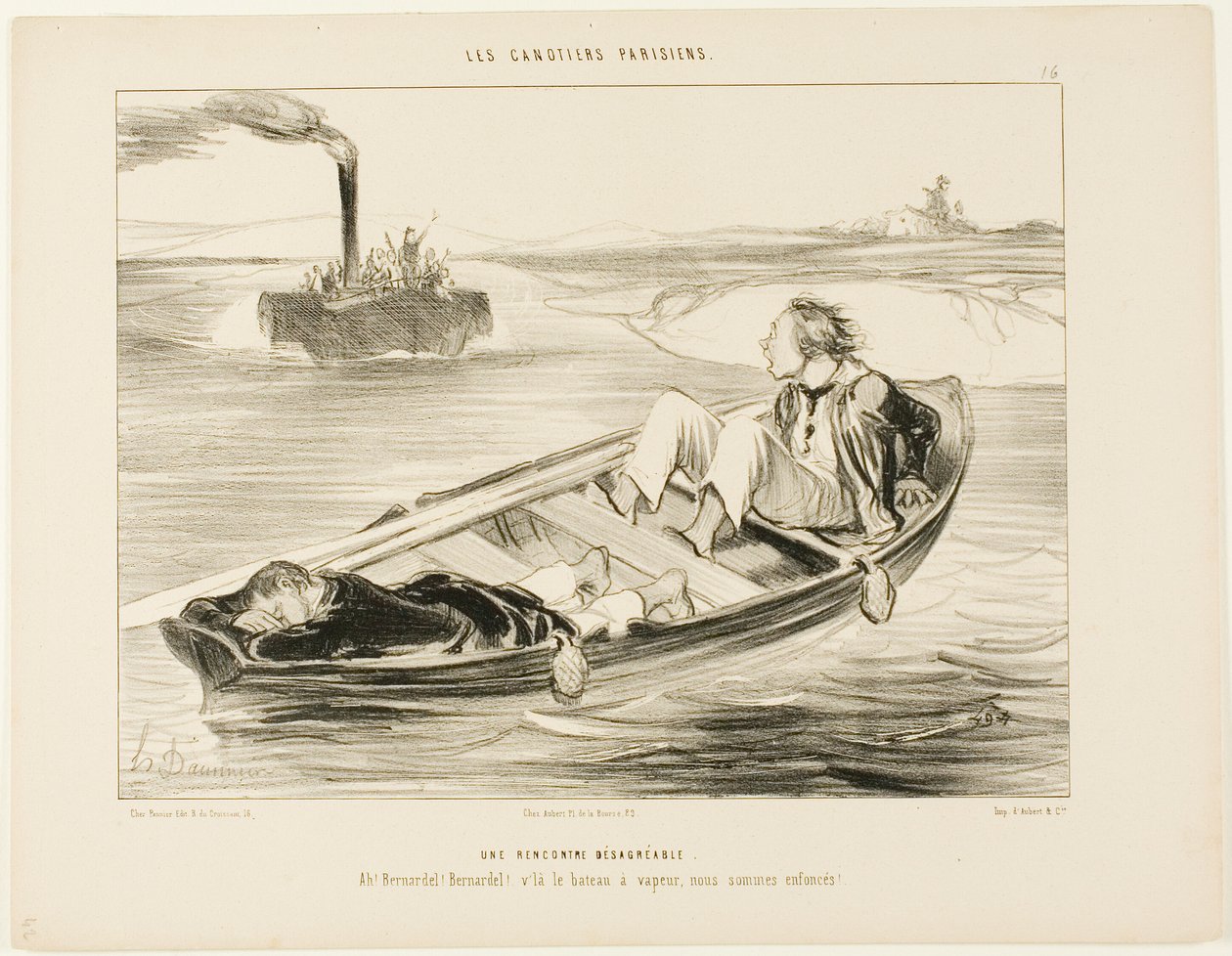 An Unpleasant Encounter. "Bernardel, Bernardel! Here comes the steamer... we will sink!", plate 16 from Les Canotiers Parisiens by Honoré Victorin Daumier