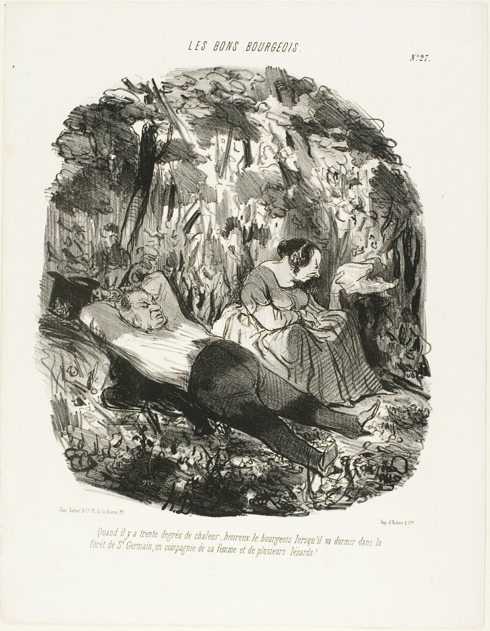 At 30°C, lucky he who can escape and snooze in the forest of Saint-Germain accompanied by his wife and a few lizards, plate 27 from Les Bons Bourgeois by Honoré Victorin Daumier