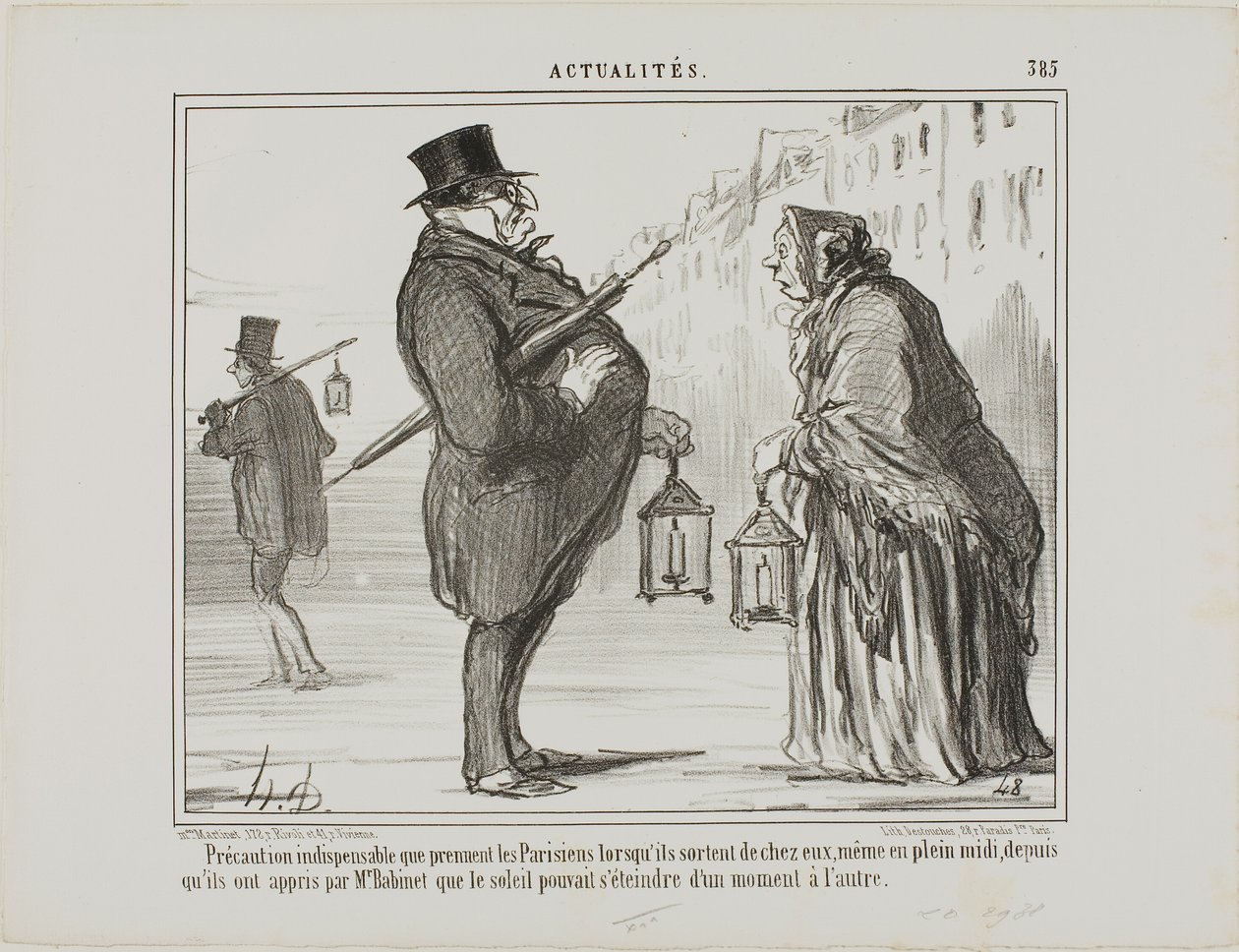 Ever since Mr. Babinet had announced that the sun might disappear from one moment to the next, the Parisians are taking all necessary precautions, even at mid-day, plate 385 from Actualités by Honoré Victorin Daumier