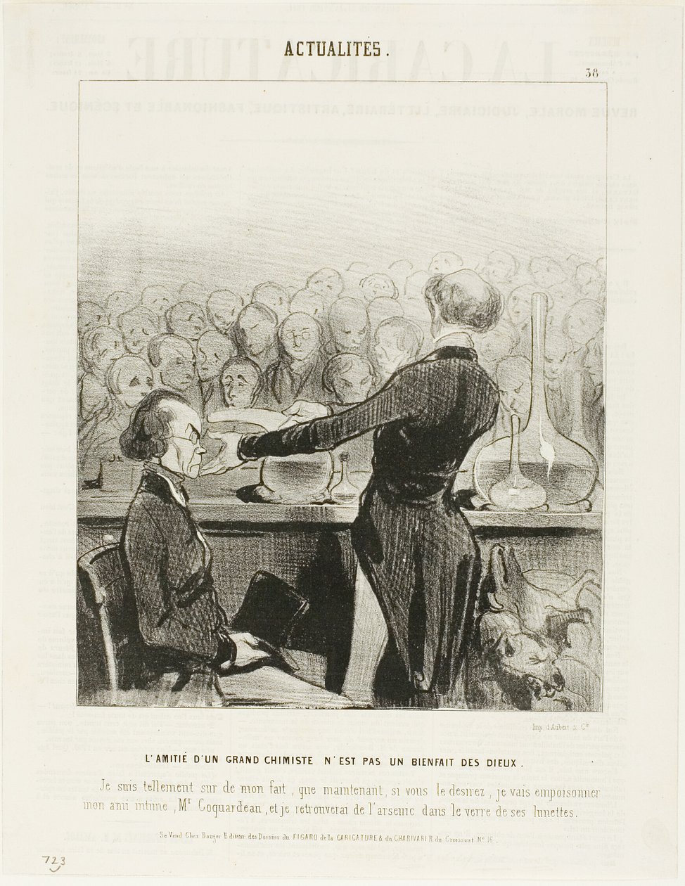 Friendship With a Great Chemist is Not Always a Godsend... "I am so sure of my findings that I will now poison my best friend, Mr. Coquardeau, and I will retrieve arsenic in his eyeglasses," plate 39 from Émotions Parisiennes by Honoré Victorin Daumier