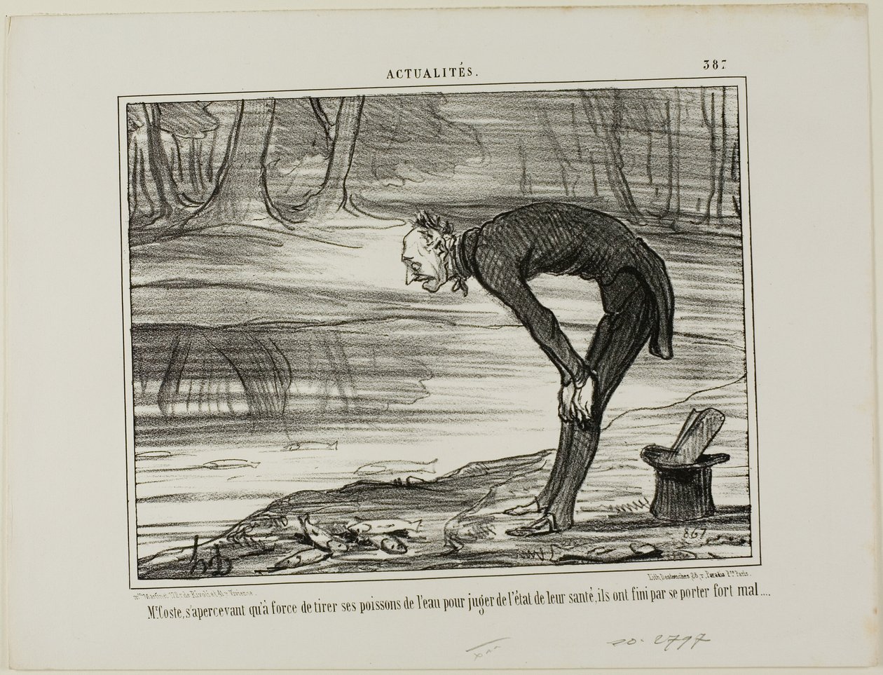 Mr. Coste Noticing That the Fish He Took Out of the Water End Up Feeling Not Well, Plate 387 from Actualités by Honoré Victorin Daumier