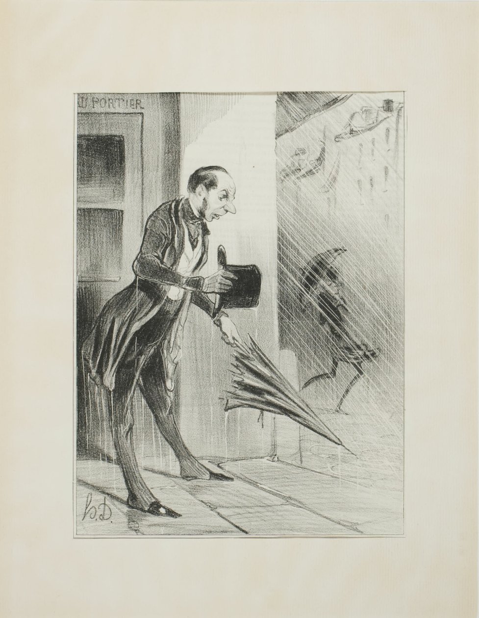 New patented umbrella, with an improved spring system, to swiftly open at the slightest touch, plate 33 from Émotions Parisiennes by Honoré Victorin Daumier