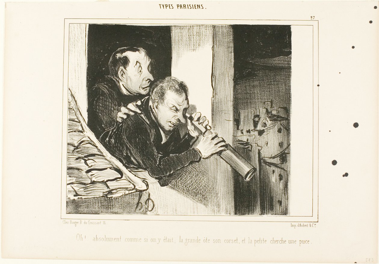 "Oh! Es ist, als wären wir dort: die Große öffnet ihr Korsett und die Kleine sucht einen Floh!", Platte 27 aus Types Parisiens von Honoré Victorin Daumier