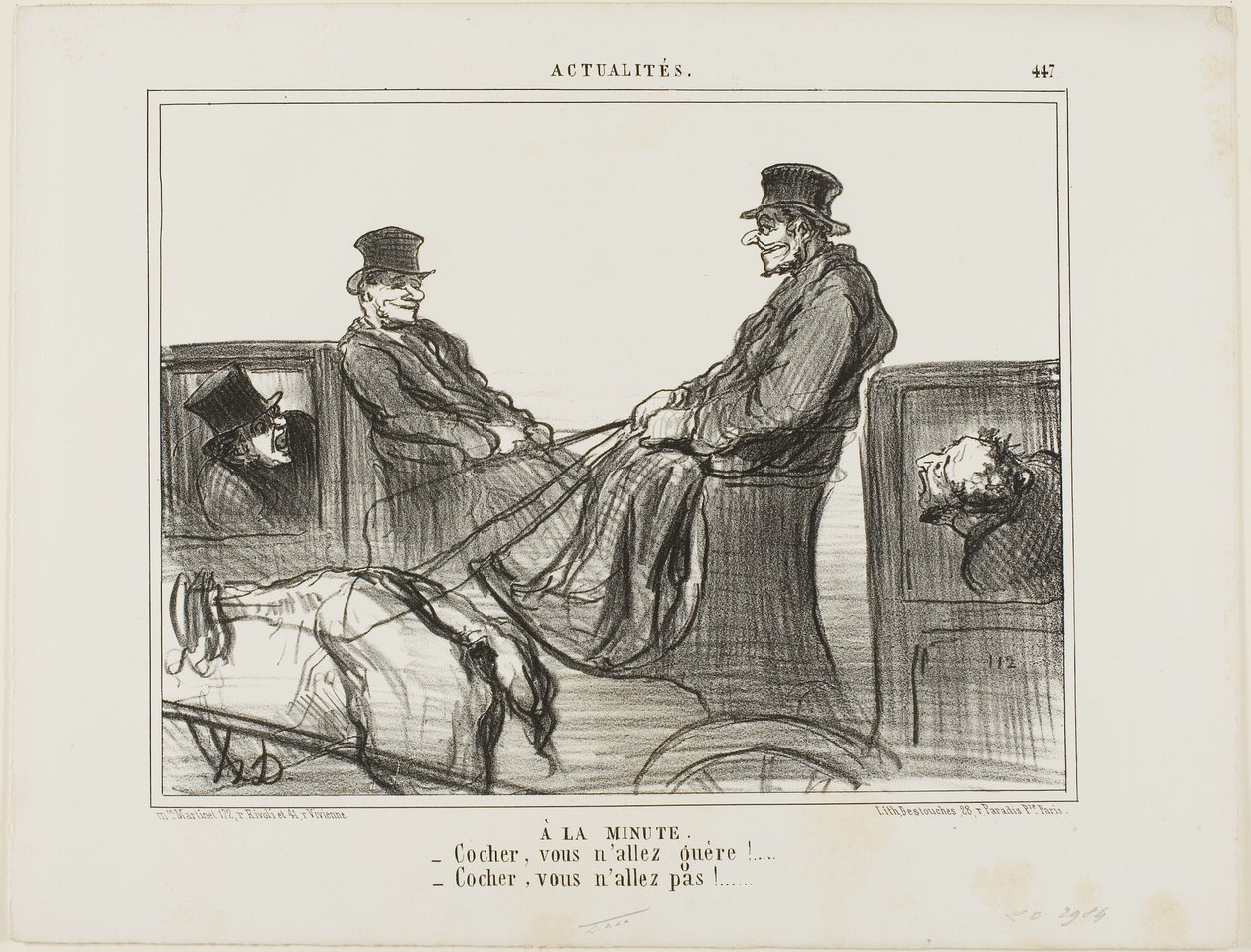 Paid By the Minute. Driver, you are hardly moving! - Driver, you are not moving at all!, plate 447 from Actualités by Honoré Victorin Daumier