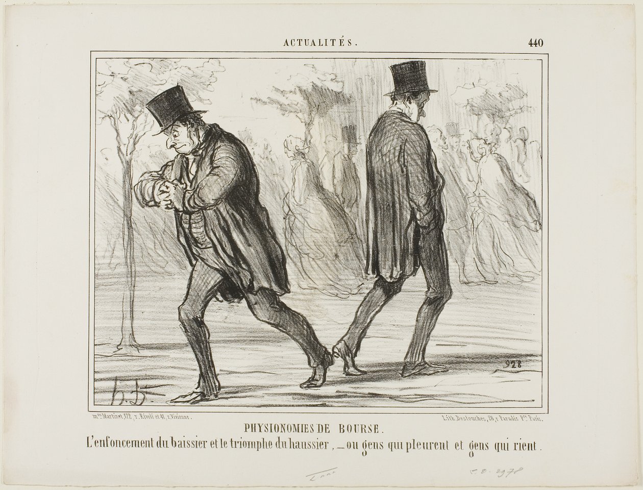 Physiognomy of the Stock Exchange. The despair of the baissier and the triumph of the haussier - or crying and laughing, plate 440 from Actualités by Honoré Victorin Daumier
