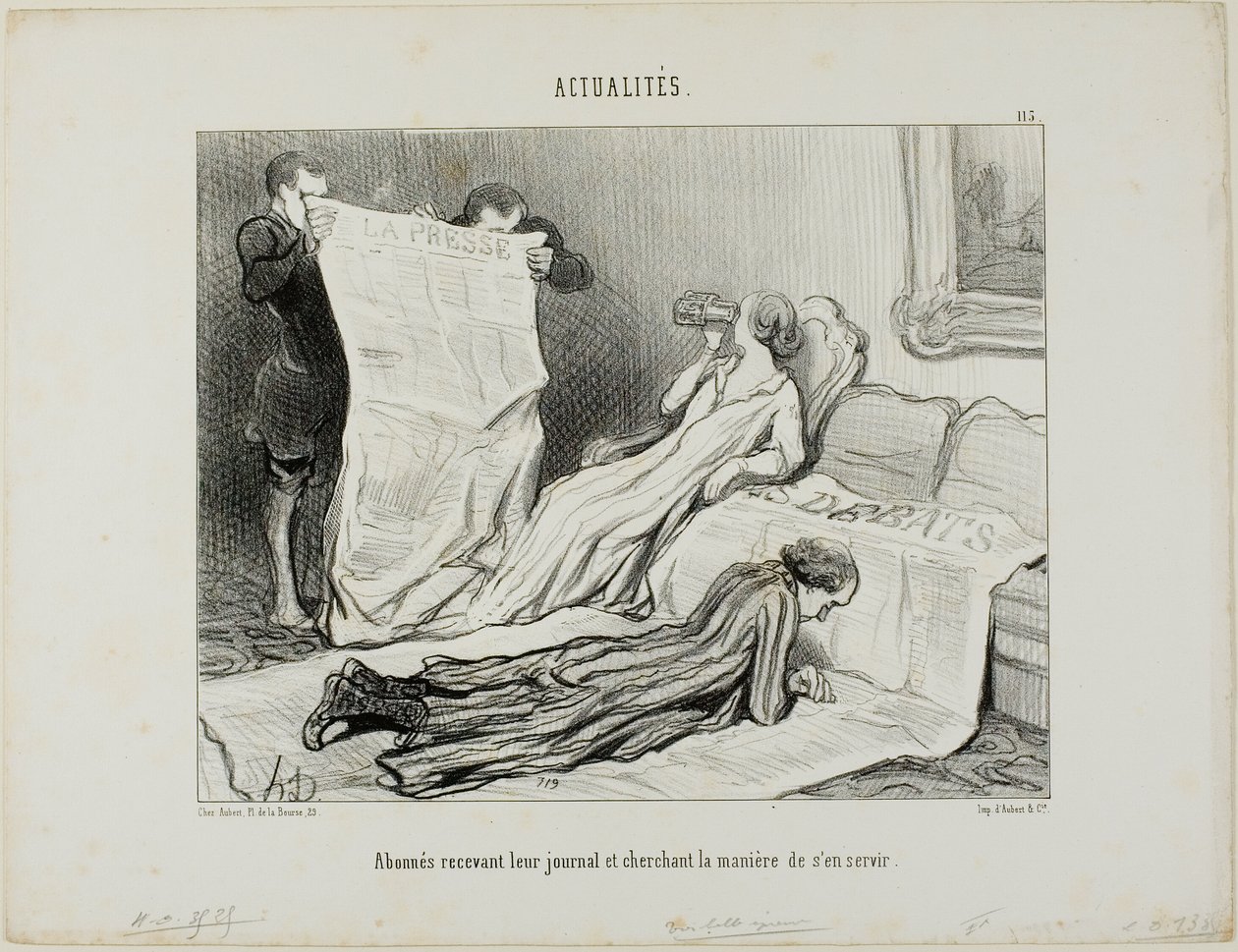 Subscribers Trying to Cope with Their Paper, plate 115 from Actualités by Honoré Victorin Daumier