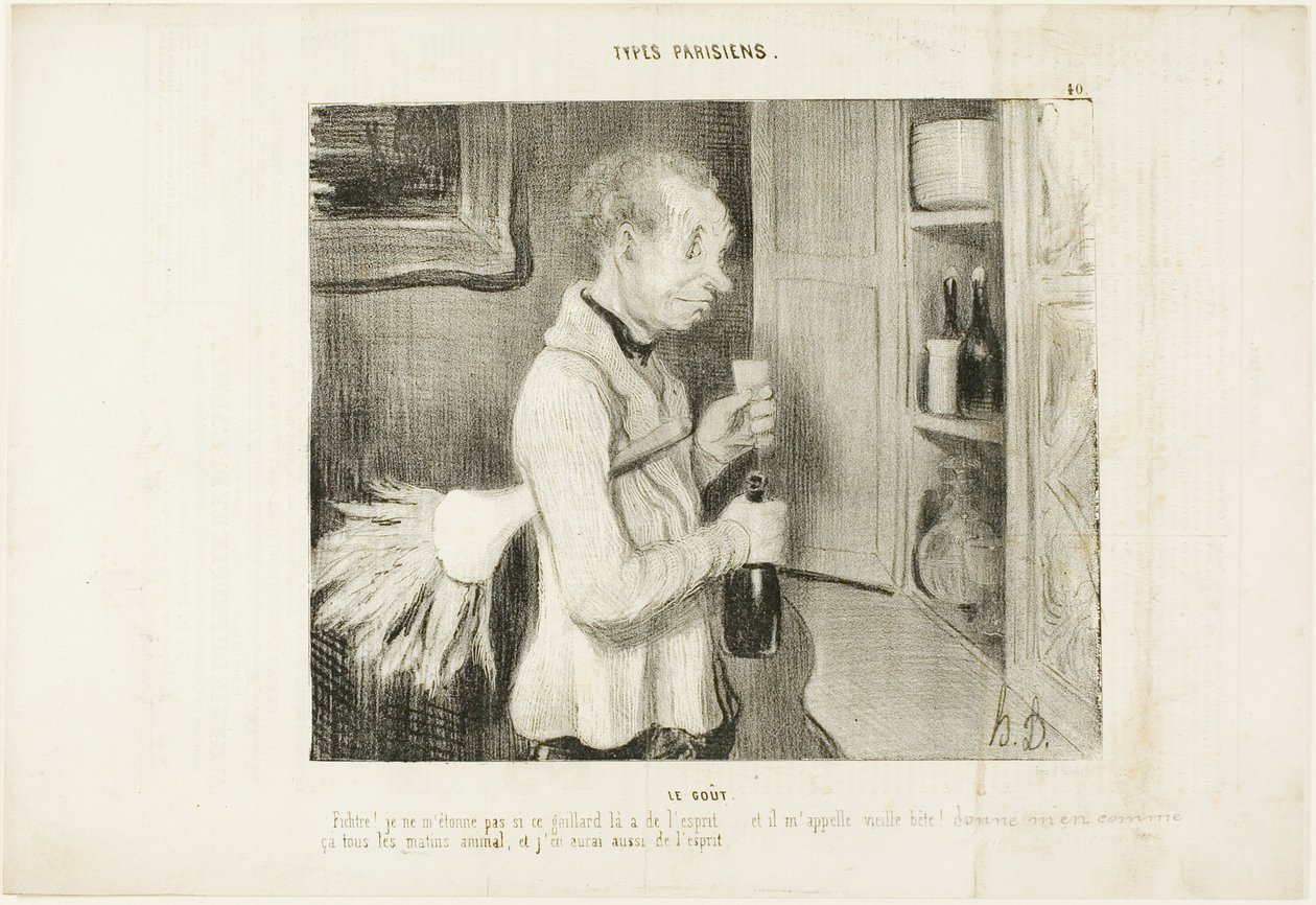 The Taste. "Wow! I am not surprised any more why this fellow is so spirited... and he calls me an old beast! Let me have one of these every morning, and I will be full of spirit too," plate 40 from Types Parisiens by Honoré Victorin Daumier