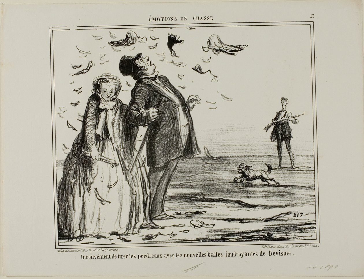The Disadvantage of Shooting at Young Partridges with the New Explosive Bullets of Devisme, Plate 17 from Emotions of Hunting by Honoré Victorin Daumier
