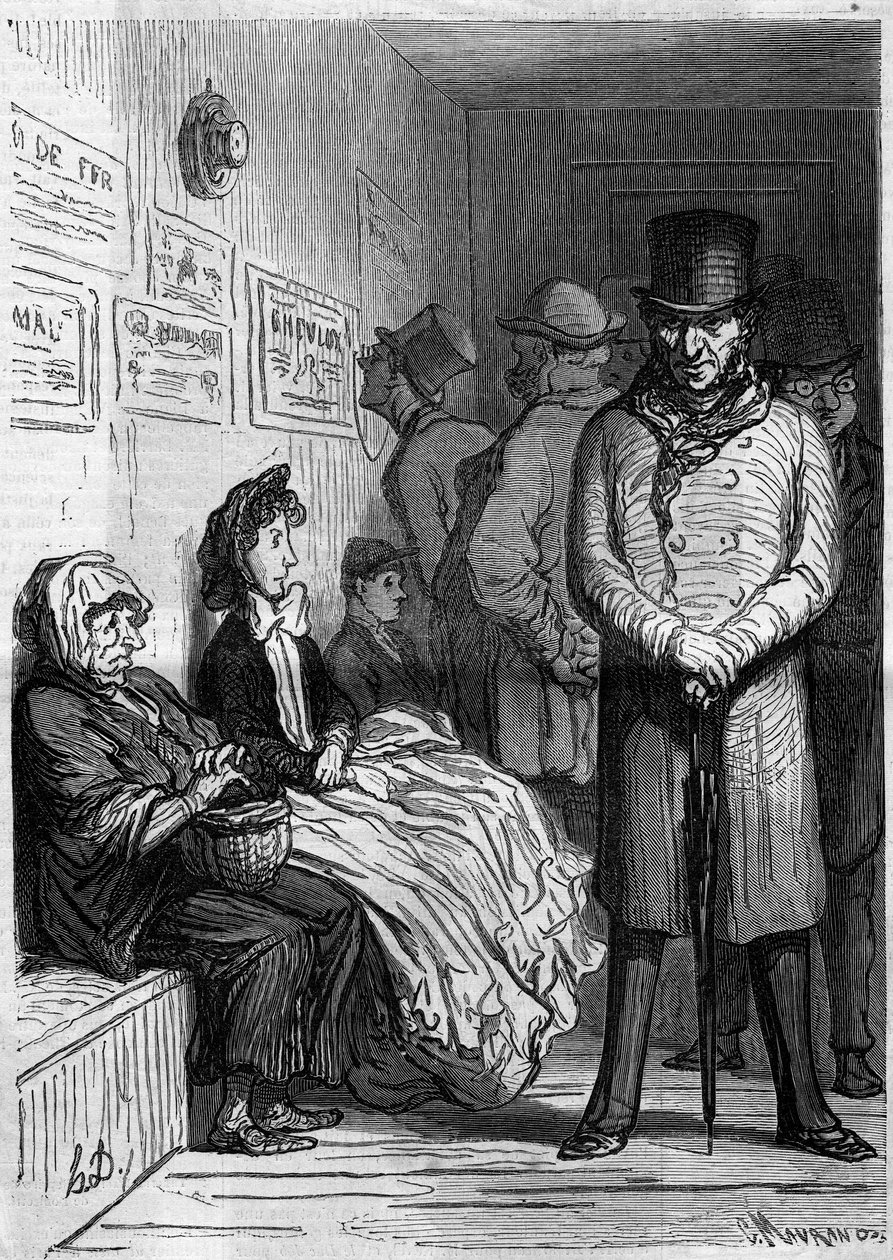 An Omnibus Waiting Desk. Cartoon by Honore Daumier. Engraving in Le Monde Illustré n°257 of 15 March 1862 by Honoré Daumier