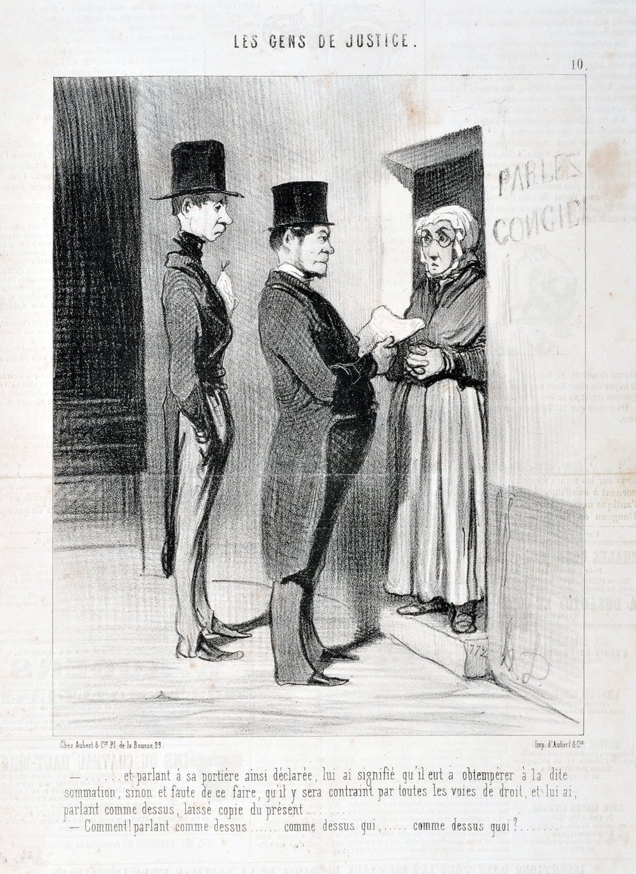 Artwork by Honore Daumier (1808-1879). Charivari dates from 1845: Serie LES PEANS DE JUSTICE -... and speaking at his doorway so declared, has meant to him that he had to obey the said summation, otherwise and failing to do so that he will be forced to by Honoré Daumier