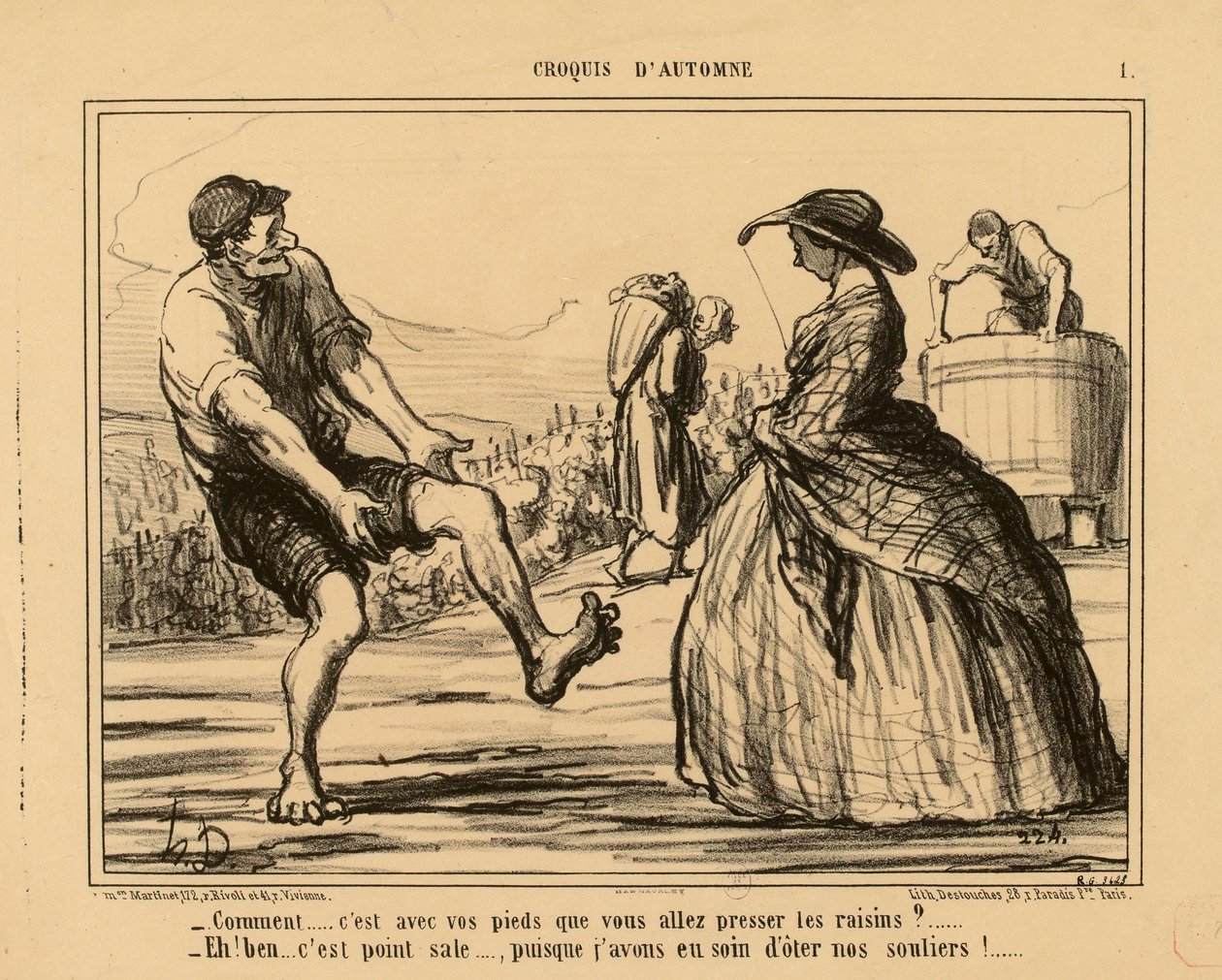 Autumn Sketches No. 1: - What... you are going to press the grapes with your feet?... by Honoré Daumier