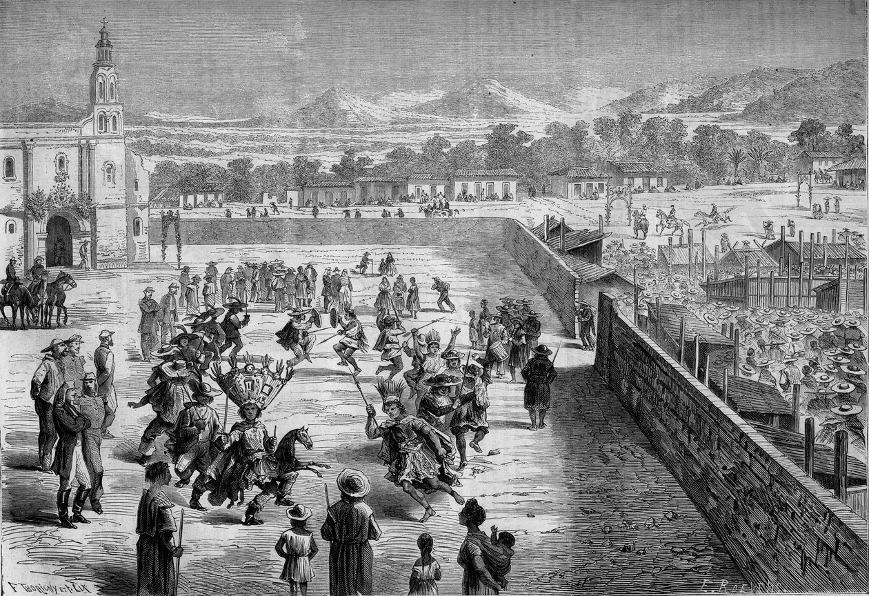 Mexican Custom: Indian Party and Dance in Santa Anna (Mexico) in Memory of the Conquest of Fernando Cortez (1863) - Engraving in 