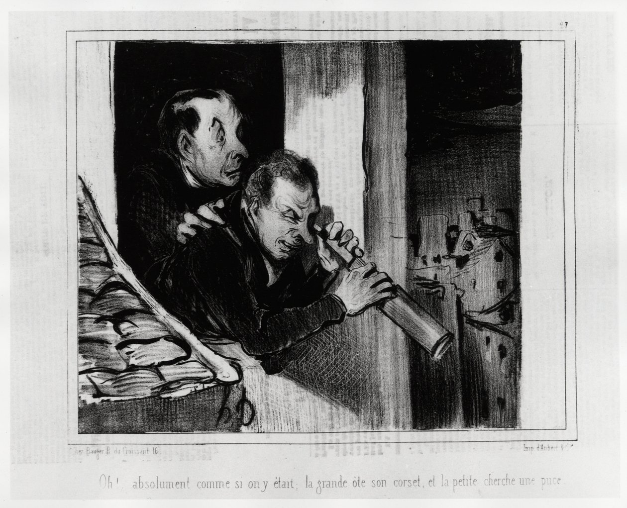 Oh! Absolutely as if We Were There, the Big One Takes Off Her Corset and the Little One is Looking for a Chip. Illustration by Honore Daumier, Published in Charivari, Dated 1 December 1841 by Honoré Daumier