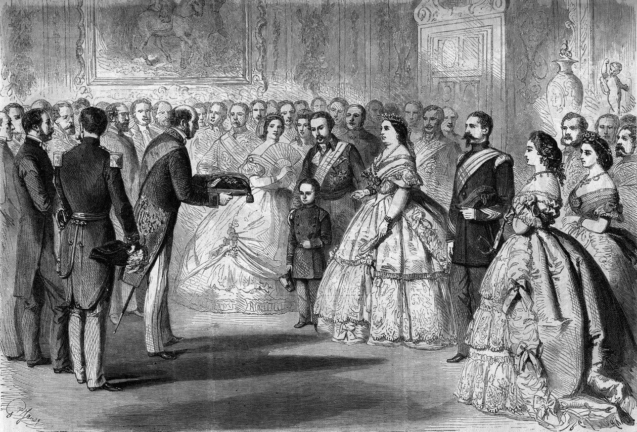 Queen Isabella II of Spain (Isabella of Bourbon) (1830-1904) received the great cord of the Legion of Honour in the name of her son, the Prince of Asturias. Present are: Napoleon III (1808-1873) and Prince Imperial (1856-1879) by Honoré Daumier