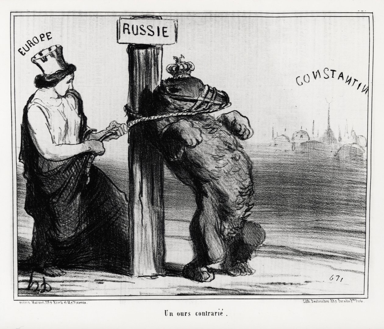 Russia: a bear upset (by Europe). In March 1854 France and England formed an alliance with Turkey against Russia. Illustration by Honore Daumier, published in 