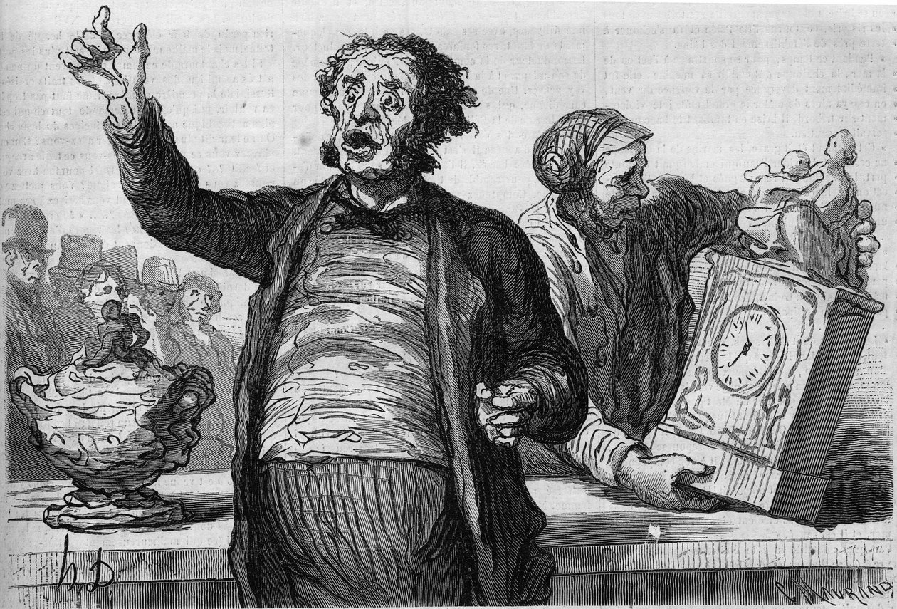The hotel of auctioneers: the public crier. Cartoon by Honore Daumier (1808-1879). Engraving in "Le Monde Illustré" n°551 of January 2 by Honoré Daumier