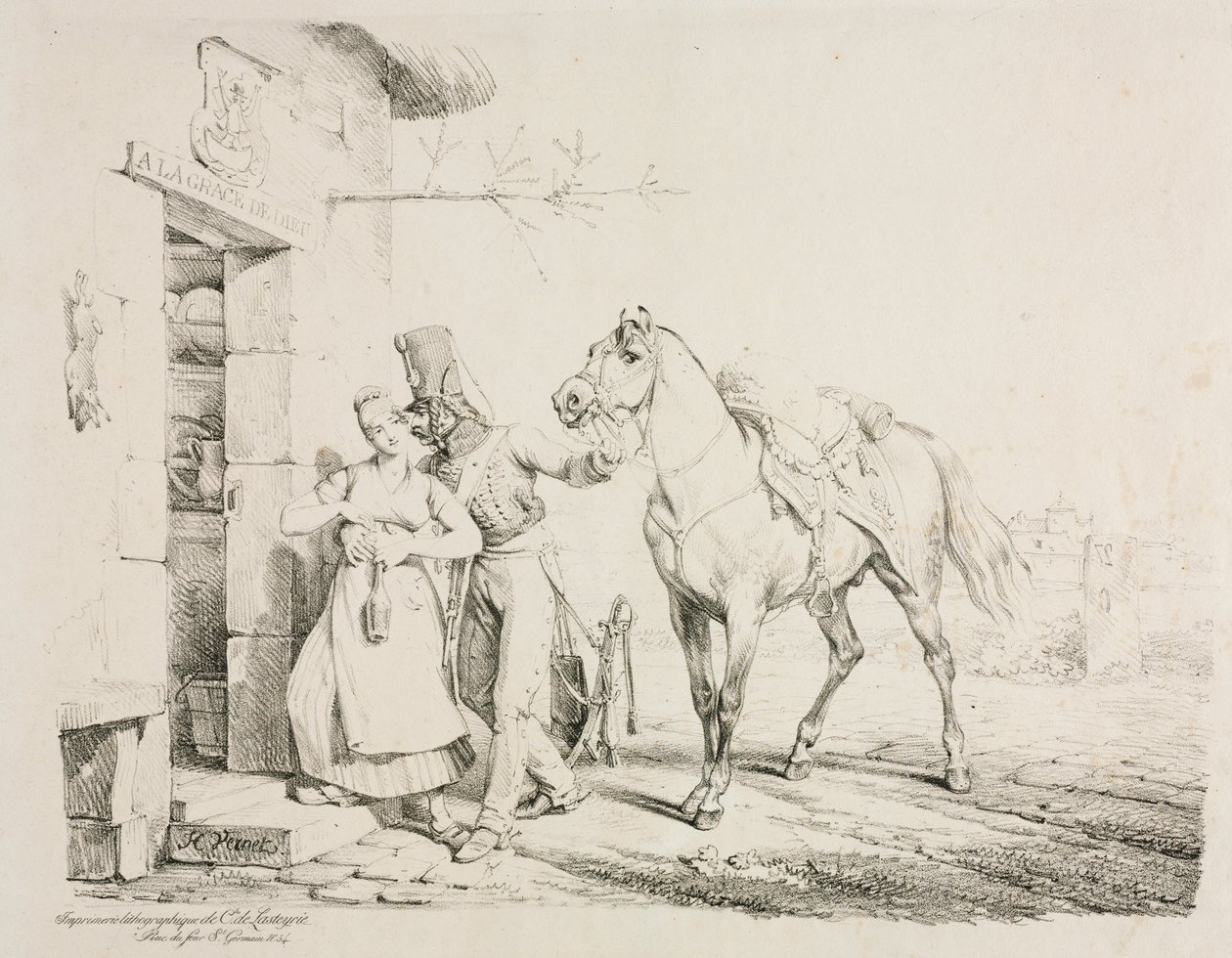 A Hussar Embracing a Servant by Emile Jean Horace Vernet