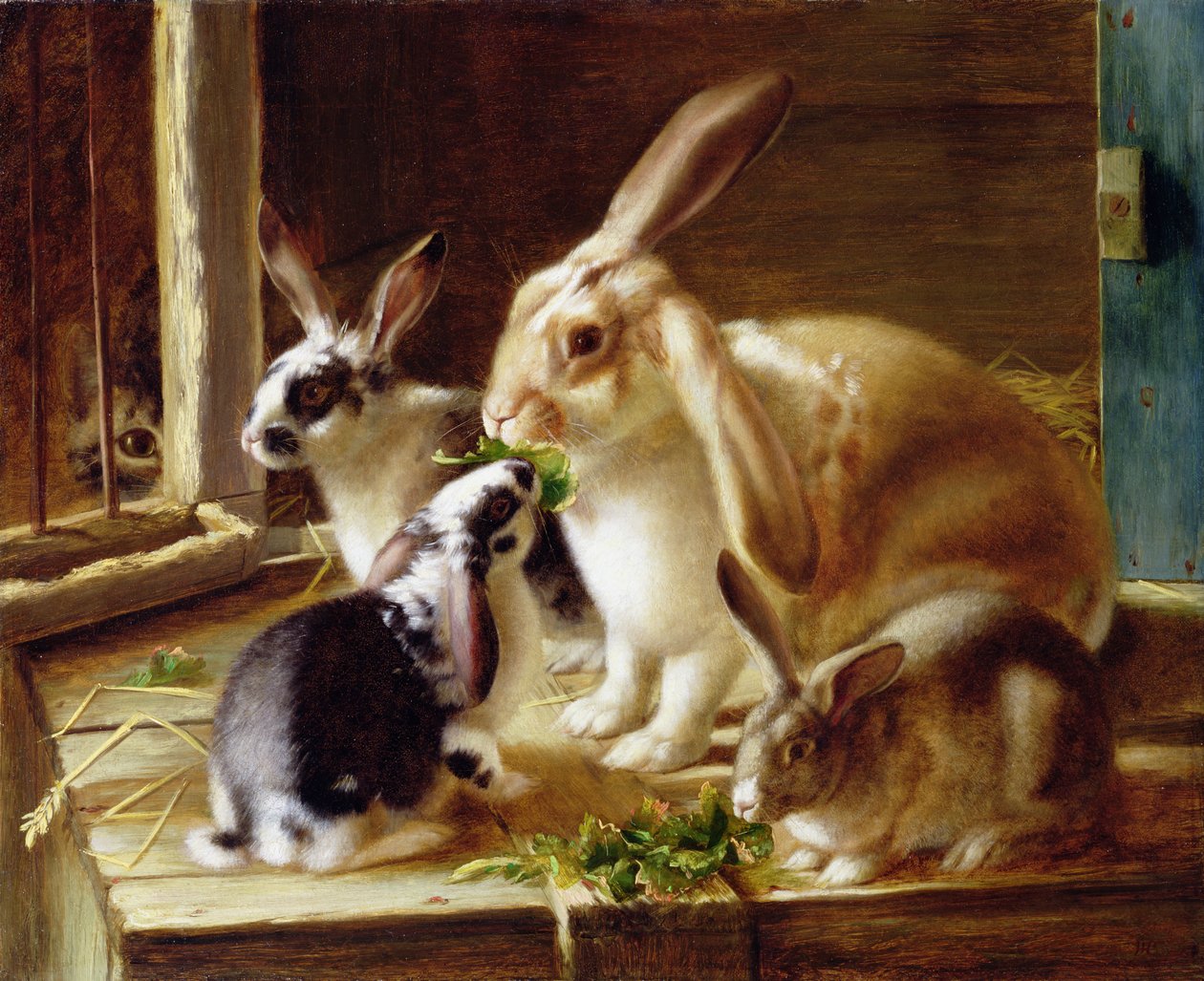 Long-Eared Rabbits in a Cage, Watched by a Cat by Horatio Henry Couldery