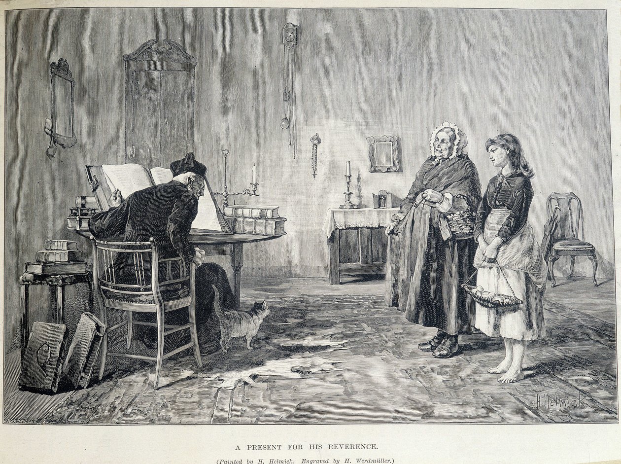Two Irish women bring a present to a religious. Engraving by H. Werdmuller after the painting of H. Helmick in the 19th century by Howard Helmick