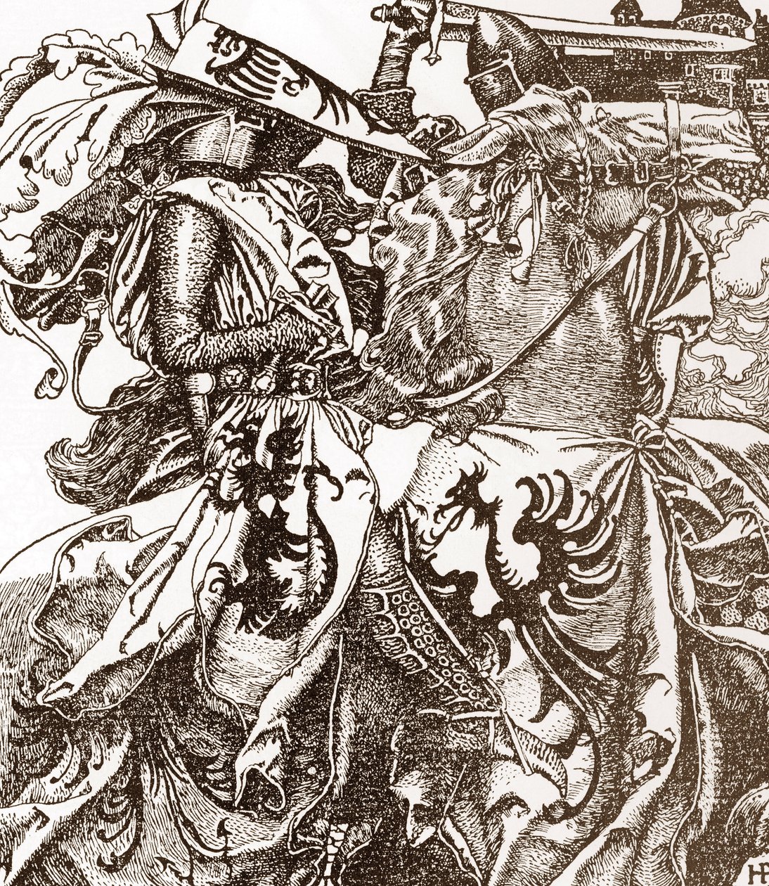 Arthurian Legend: Sir Kay, knight of the round table, breaking his sword at a Tournament Illustration by Howard Pyle (1853-1911) from “The story of King Arthur and his knights” 1903 Private Collection by Howard Pyle