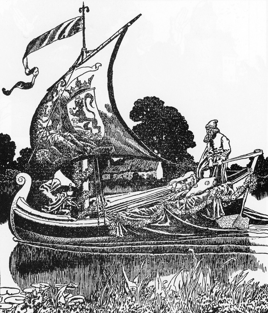 Arthurian Legend: The barge of the dead brings King Arthur