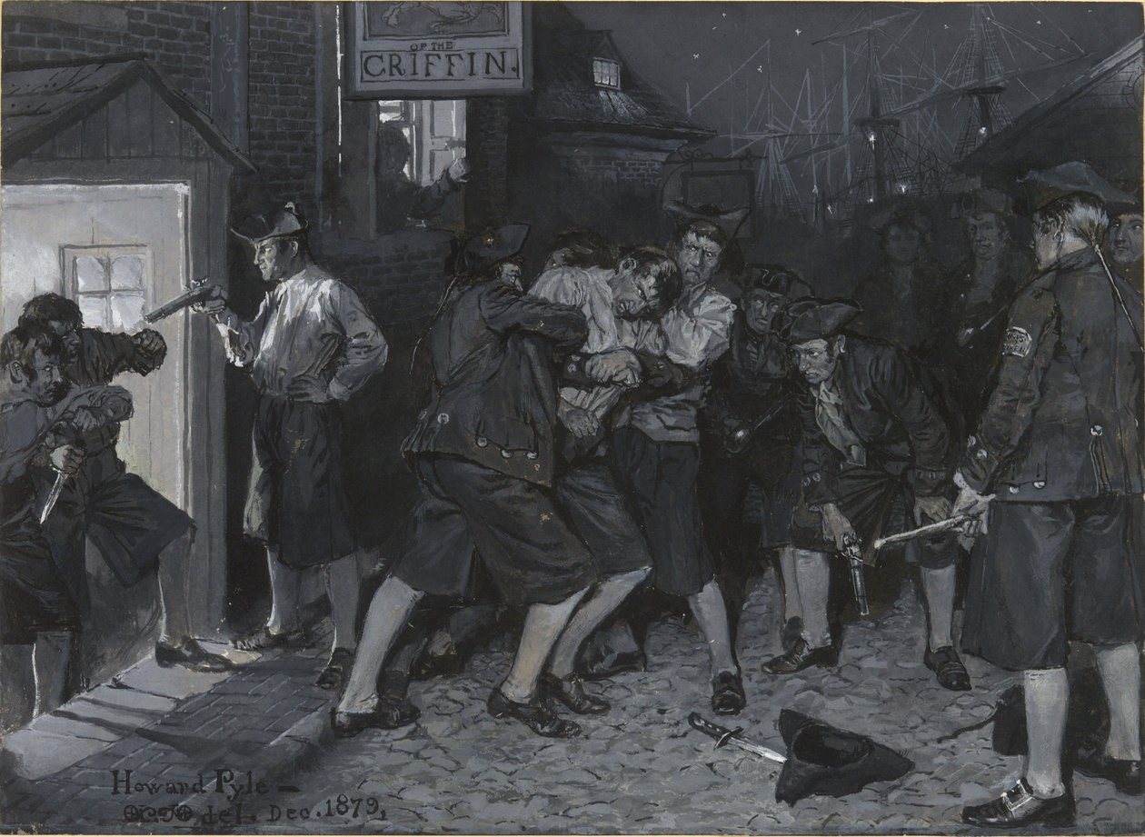 At the Sign of the Griffin, drawing of an illustration for the article "Old New York Coffee-Houses" by John Austin Stevens by Howard Pyle