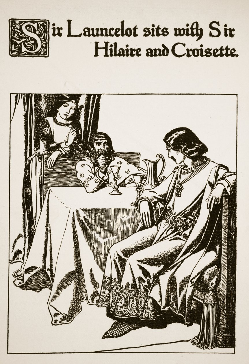 Sir Launcelot sits with Sir Hilaire and Croisette, illustration from 