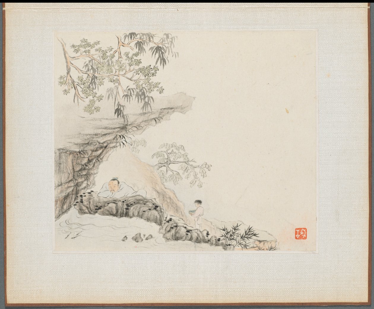 Album of Landscape Paintings Illustrating Old Poems: A Man Lies under a Rocky Overhang, 1700s by Hua Yan