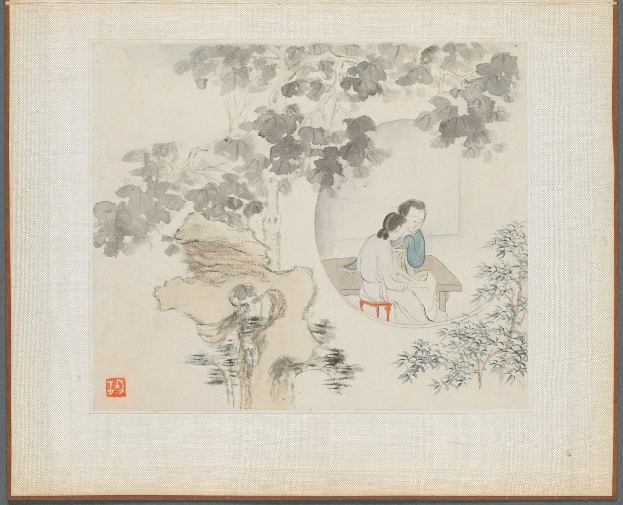 Album of Landscape Paintings Illustrating Old Poems: Two Women Sit at a Table within a Circle Visible in a Landscape by Hua Yan