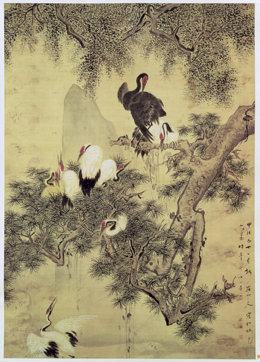 Eight Red-Crested Herons in a Pine Tree by Hua Yan