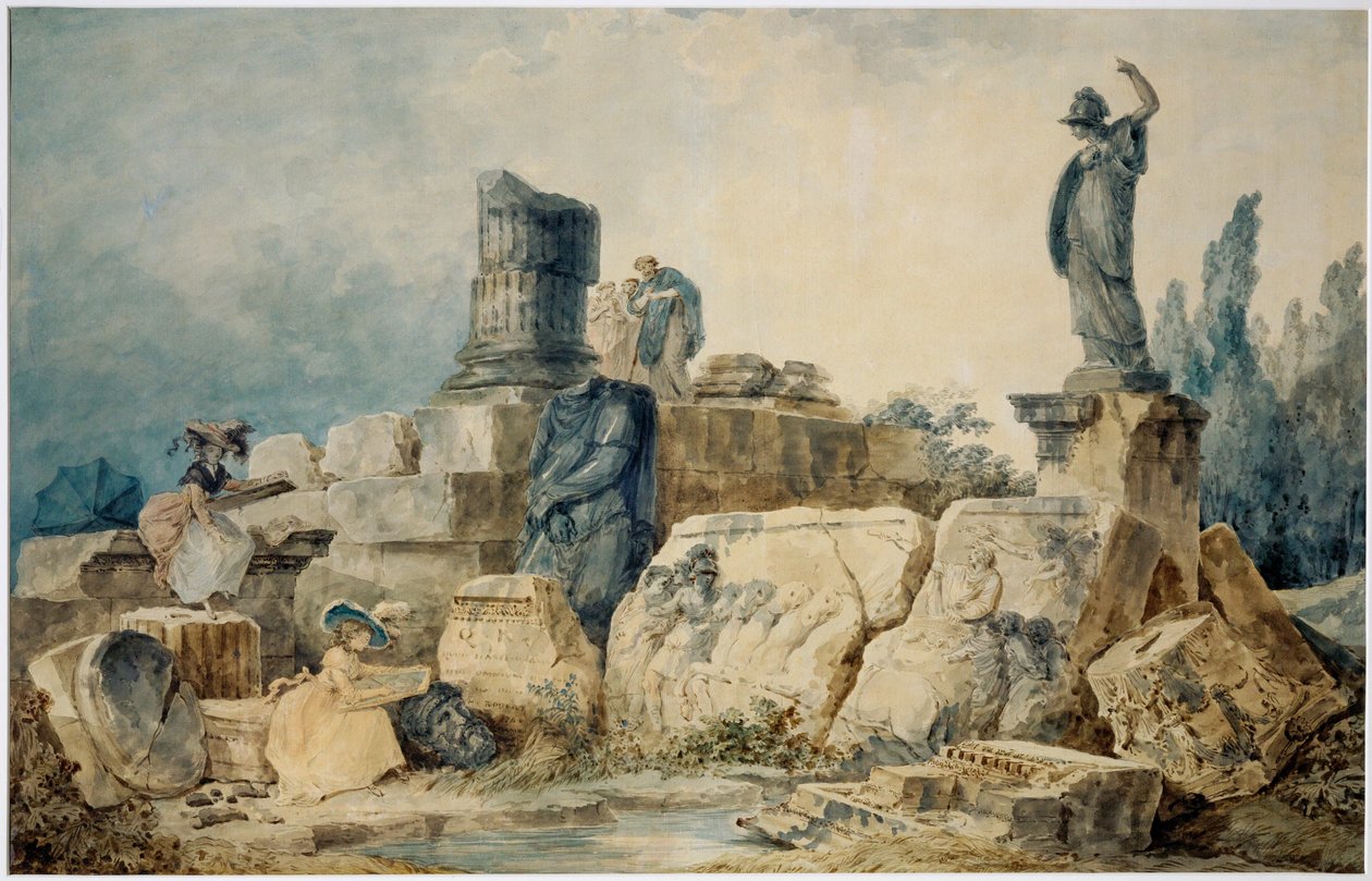 Two Young Women Drawing the Ruins of Rome by Hubert (circle of) Robert