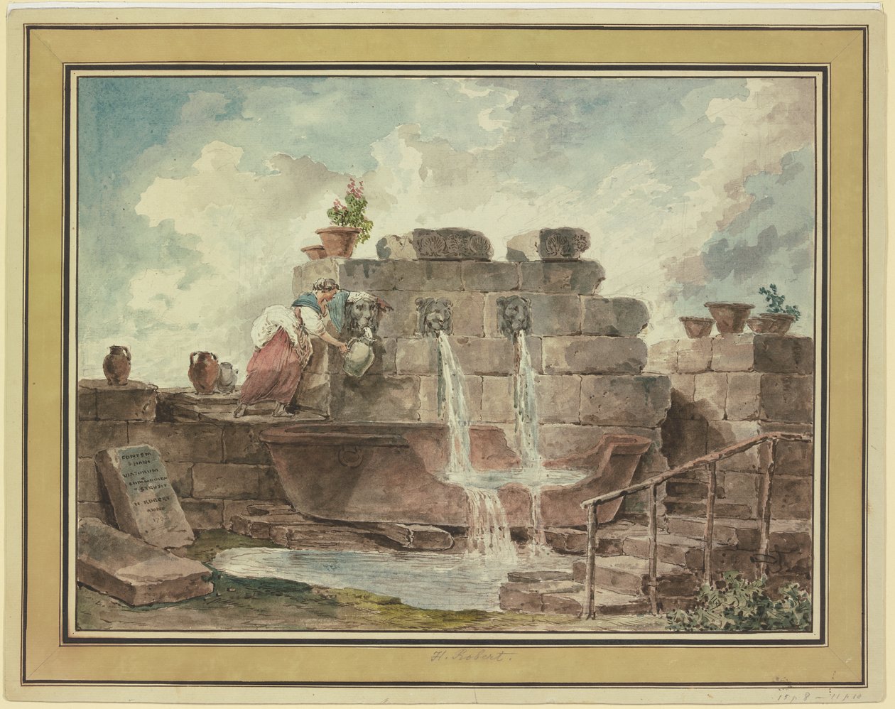 A Roman Fountain with a Woman Collecting Water by Hubert Robert