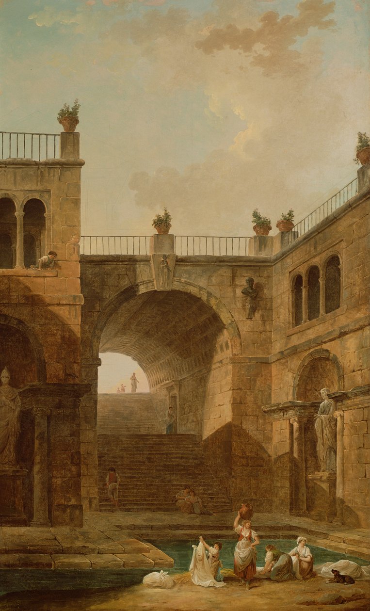 Architectural Scene with Women Washing Clothes at a Pool by Hubert Robert