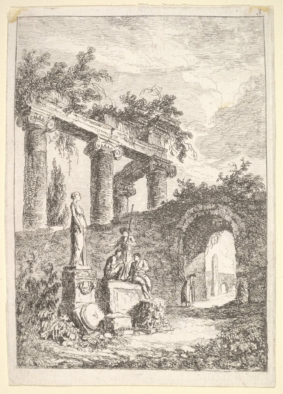 Plate 3: The Statue Before the Ruins: a statue to left next to three figures on a p by Hubert Robert