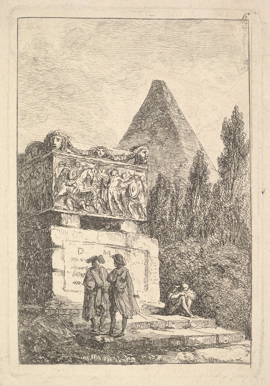 Plate 6: The Sarcophagus: two men conversing to left, another man seated and sleeping by Hubert Robert