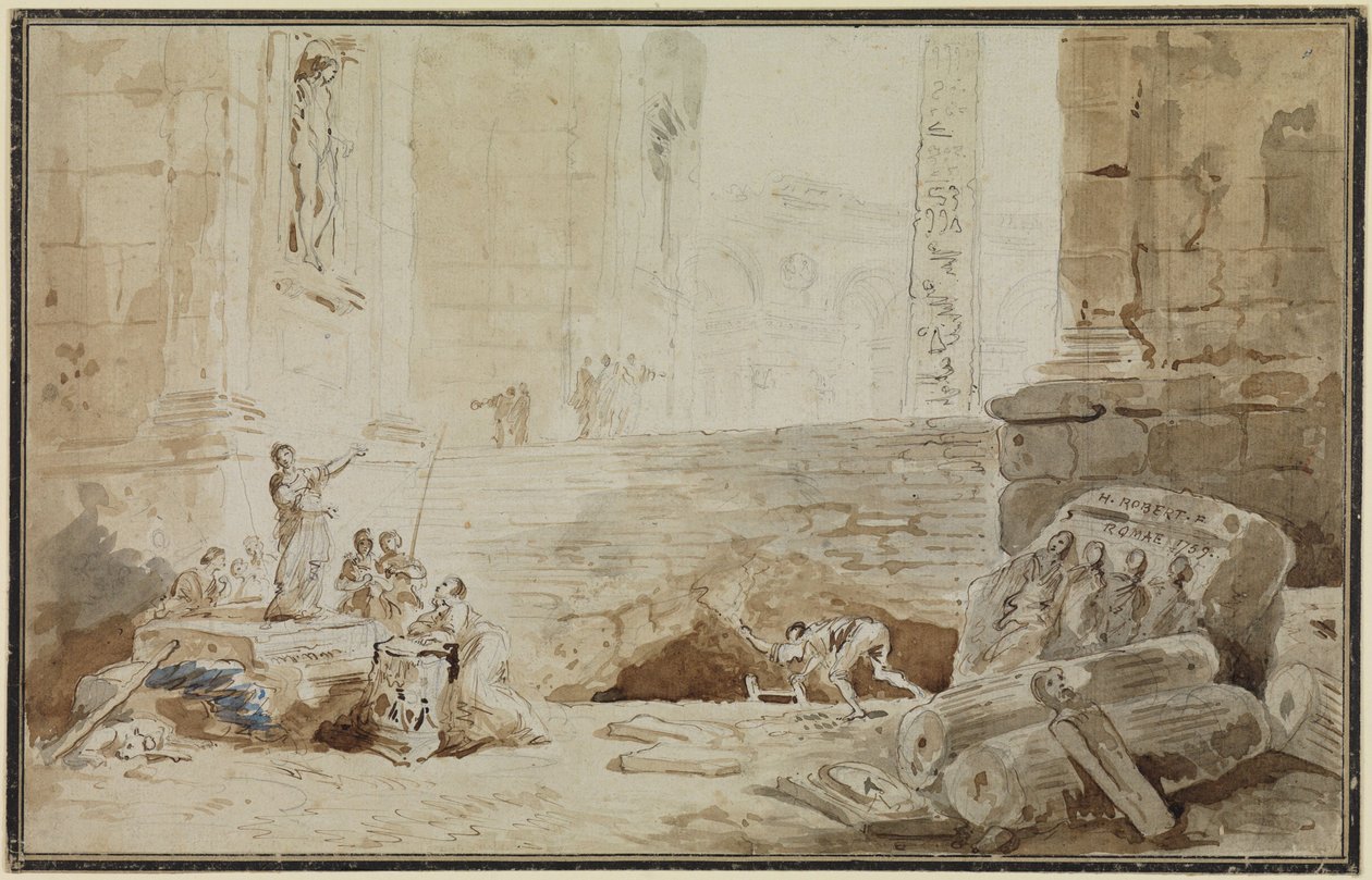 Roman capriccio with a street singer by Hubert Robert