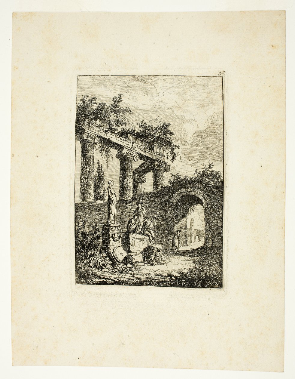 The Statue before the Ruins, plate three from Les Soirées de Rome by Hubert Robert